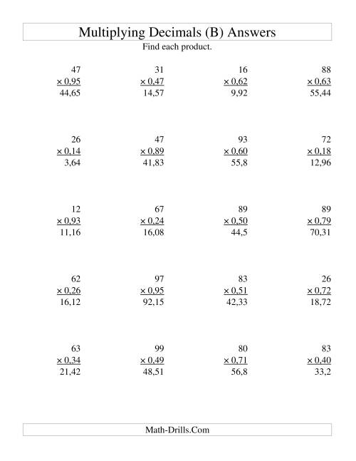 The Multiplying Two-Digit Whole Numbers by Two-Digit Hundredths (B) Math Worksheet Page 2