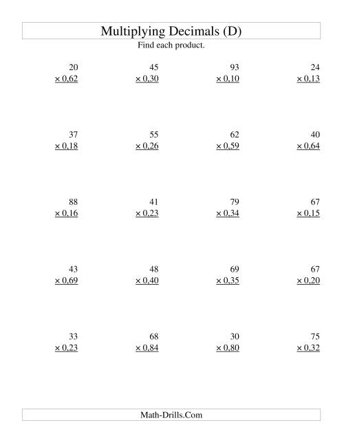 The Multiplying Two-Digit Whole Numbers by Two-Digit Hundredths (D) Math Worksheet