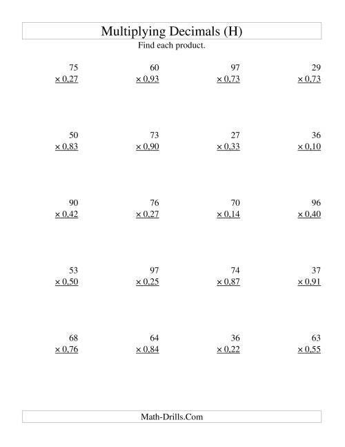 The Multiplying Two-Digit Whole Numbers by Two-Digit Hundredths (H) Math Worksheet