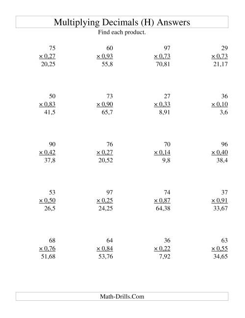 The Multiplying Two-Digit Whole Numbers by Two-Digit Hundredths (H) Math Worksheet Page 2