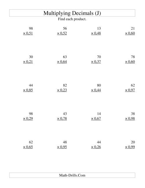 The Multiplying Two-Digit Whole Numbers by Two-Digit Hundredths (J) Math Worksheet