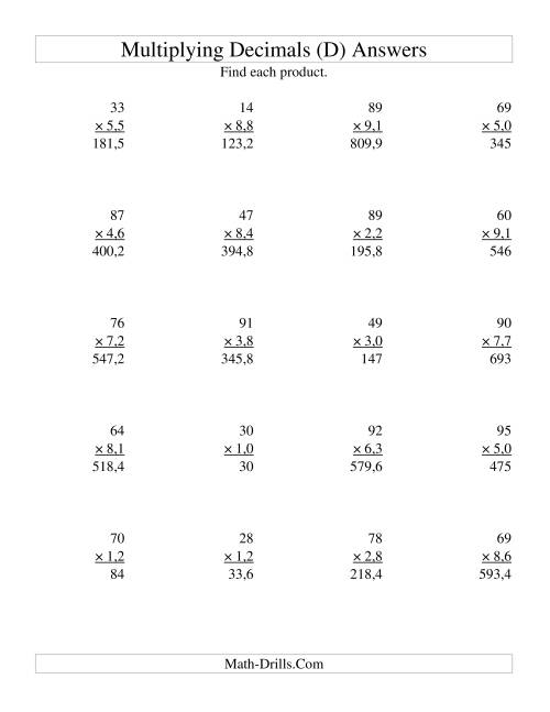 The Multiplying Two-Digit Whole Numbers by Two-Digit Tenths (D) Math Worksheet Page 2