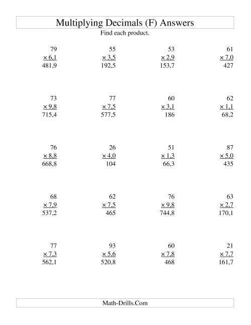 The Multiplying Two-Digit Whole Numbers by Two-Digit Tenths (F) Math Worksheet Page 2
