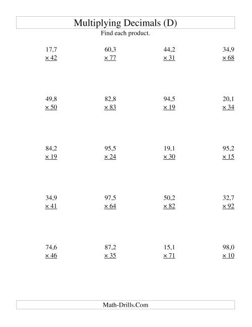 The Multiplying Three-Digit Tenths by Two-Digit Whole Numbers (D) Math Worksheet