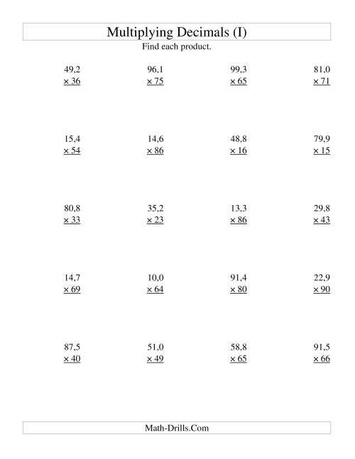 The Multiplying Three-Digit Tenths by Two-Digit Whole Numbers (I) Math Worksheet