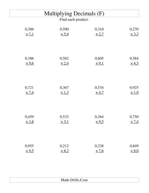 The Multiplying Three-Digit Thousandths by Two-Digit Tenths (F) Math Worksheet