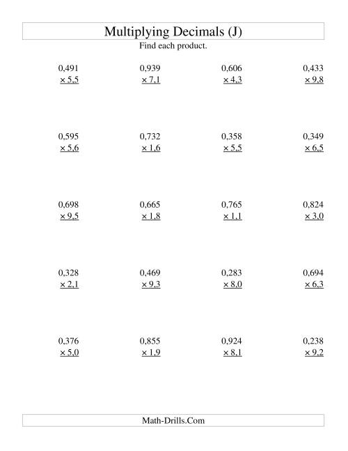 The Multiplying Three-Digit Thousandths by Two-Digit Tenths (J) Math Worksheet