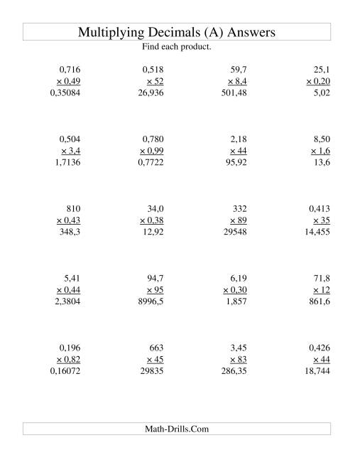 multiplying three digit by two digit with various decimal places a