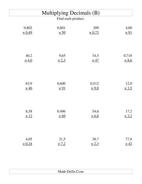 The Multiplying Three-Digit by Two-Digit with Various Decimal Places (B) Math Worksheet