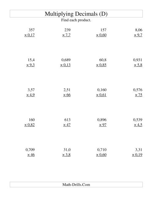 The Multiplying Three-Digit by Two-Digit with Various Decimal Places (D) Math Worksheet