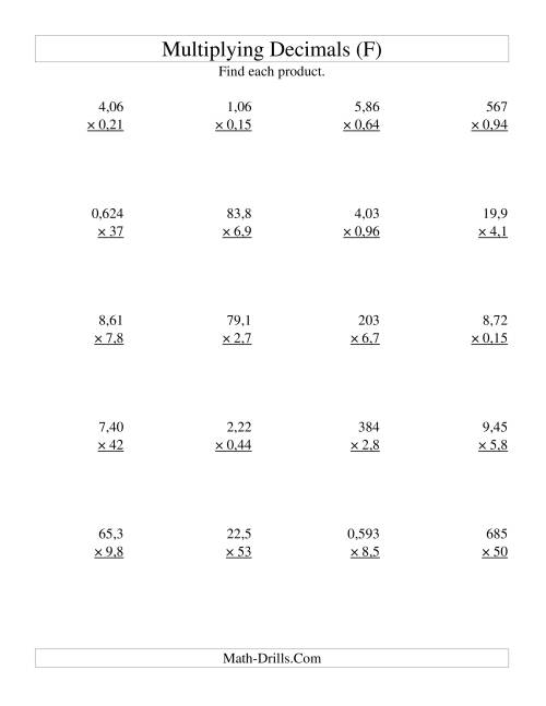 The Multiplying Three-Digit by Two-Digit with Various Decimal Places (F) Math Worksheet