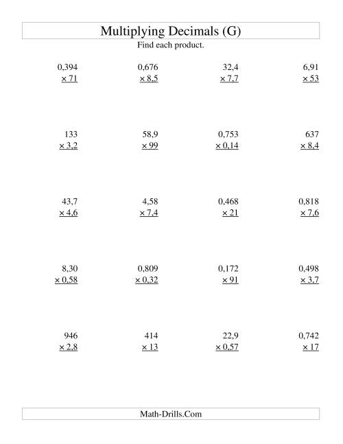 The Multiplying Three-Digit by Two-Digit with Various Decimal Places (G) Math Worksheet