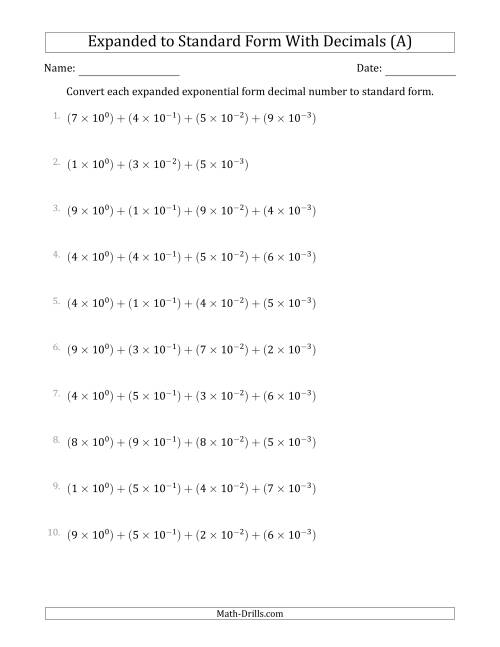 The Converting Expanded Exponential Form Decimals to Standard Form (1-Digit Before the Decimal; 3-Digits After the Decimal) (A) Math Worksheet
