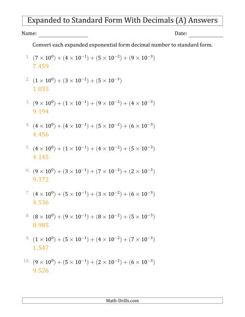 The Converting Expanded Exponential Form Decimals to Standard Form (1-Digit Before the Decimal; 3-Digits After the Decimal) (A) Math Worksheet Page 2