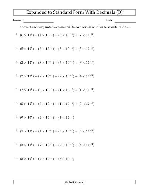 The Converting Expanded Exponential Form Decimals to Standard Form (1-Digit Before the Decimal; 3-Digits After the Decimal) (B) Math Worksheet