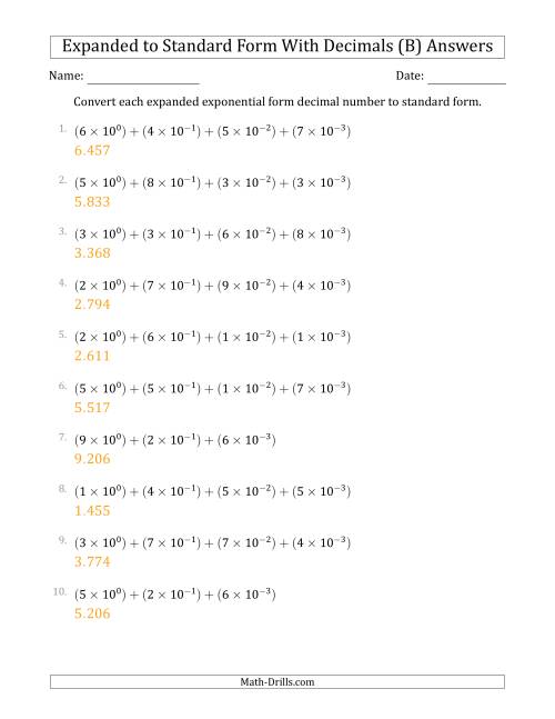 The Converting Expanded Exponential Form Decimals to Standard Form (1-Digit Before the Decimal; 3-Digits After the Decimal) (B) Math Worksheet Page 2