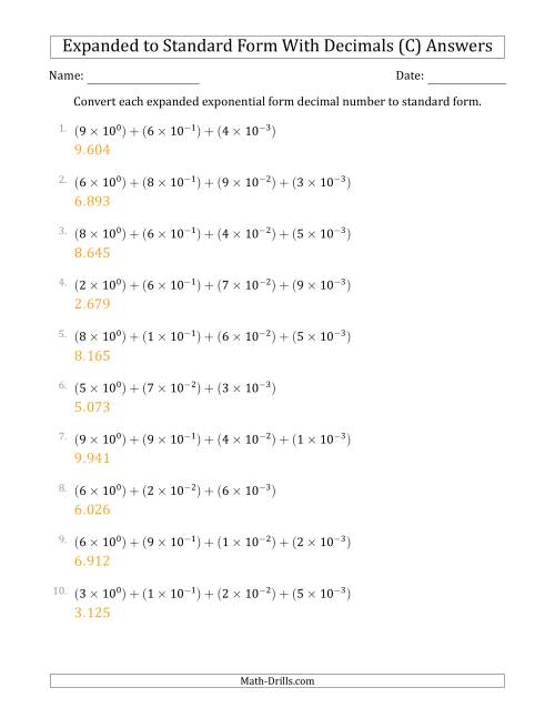 The Converting Expanded Exponential Form Decimals to Standard Form (1-Digit Before the Decimal; 3-Digits After the Decimal) (C) Math Worksheet Page 2