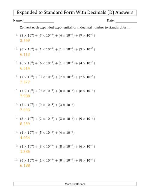 The Converting Expanded Exponential Form Decimals to Standard Form (1-Digit Before the Decimal; 3-Digits After the Decimal) (D) Math Worksheet Page 2