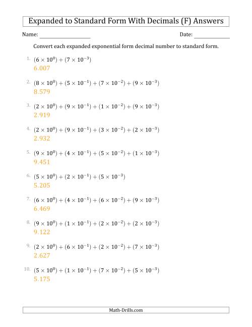 The Converting Expanded Exponential Form Decimals to Standard Form (1-Digit Before the Decimal; 3-Digits After the Decimal) (F) Math Worksheet Page 2