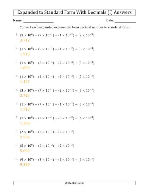 The Converting Expanded Exponential Form Decimals to Standard Form (1-Digit Before the Decimal; 3-Digits After the Decimal) (I) Math Worksheet Page 2
