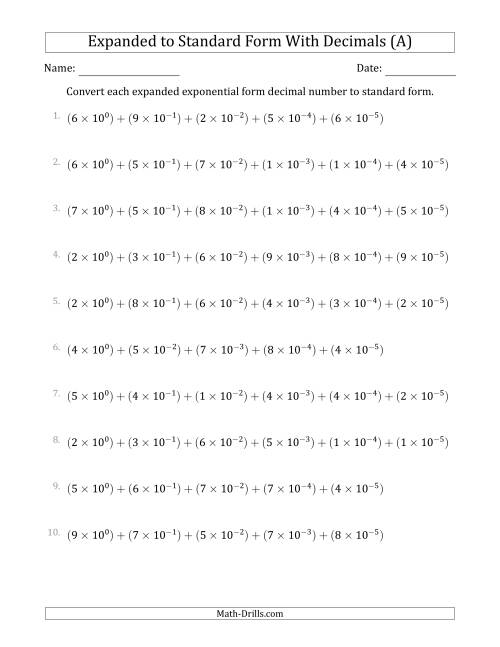 The Converting Expanded Exponential Form Decimals to Standard Form (1-Digit Before the Decimal; 5-Digits After the Decimal) (A) Math Worksheet