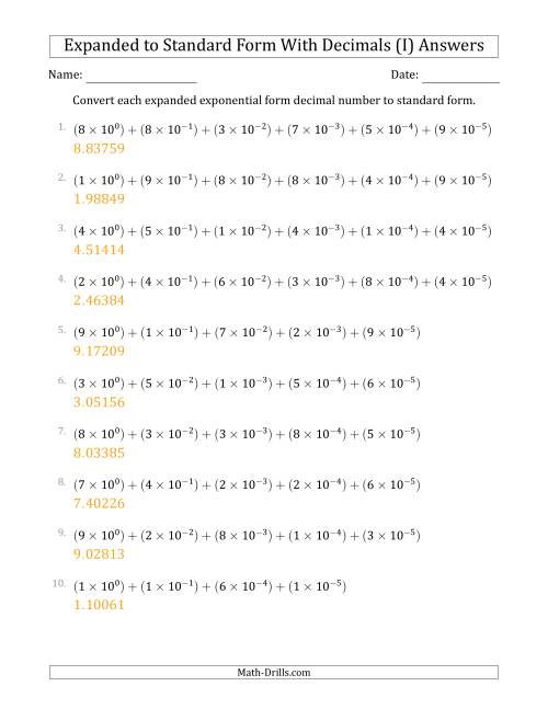 The Converting Expanded Exponential Form Decimals to Standard Form (1-Digit Before the Decimal; 5-Digits After the Decimal) (I) Math Worksheet Page 2