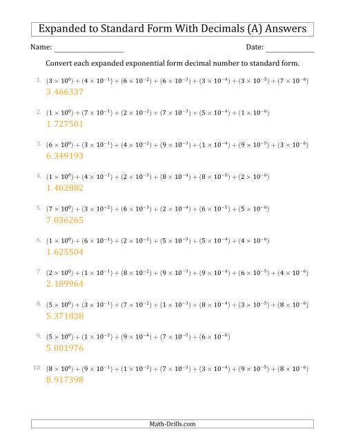The Converting Expanded Exponential Form Decimals to Standard Form (1-Digit Before the Decimal; 6-Digits After the Decimal) (A) Math Worksheet Page 2