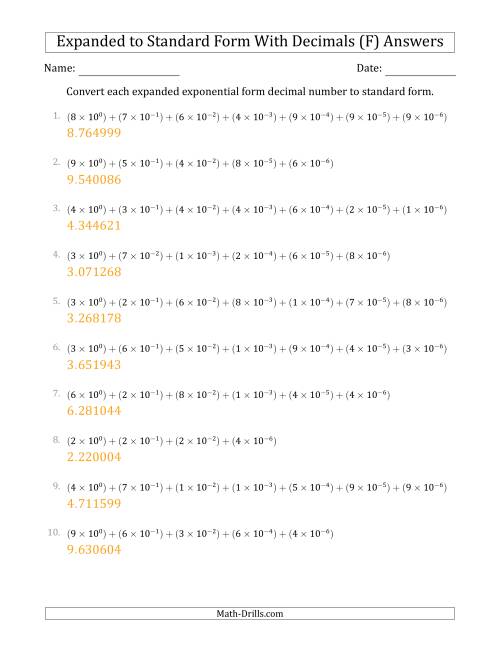 The Converting Expanded Exponential Form Decimals to Standard Form (1-Digit Before the Decimal; 6-Digits After the Decimal) (F) Math Worksheet Page 2