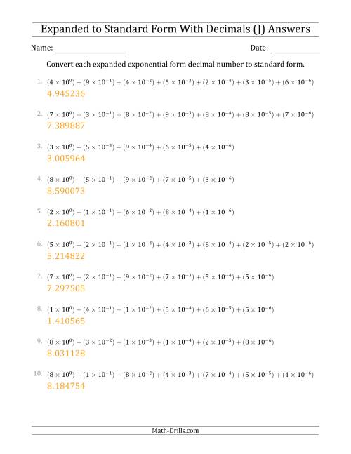 The Converting Expanded Exponential Form Decimals to Standard Form (1-Digit Before the Decimal; 6-Digits After the Decimal) (J) Math Worksheet Page 2