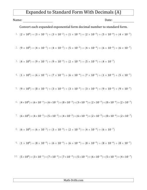 The Converting Expanded Exponential Form Decimals to Standard Form (1-Digit Before the Decimal; 7-Digits After the Decimal) (A) Math Worksheet