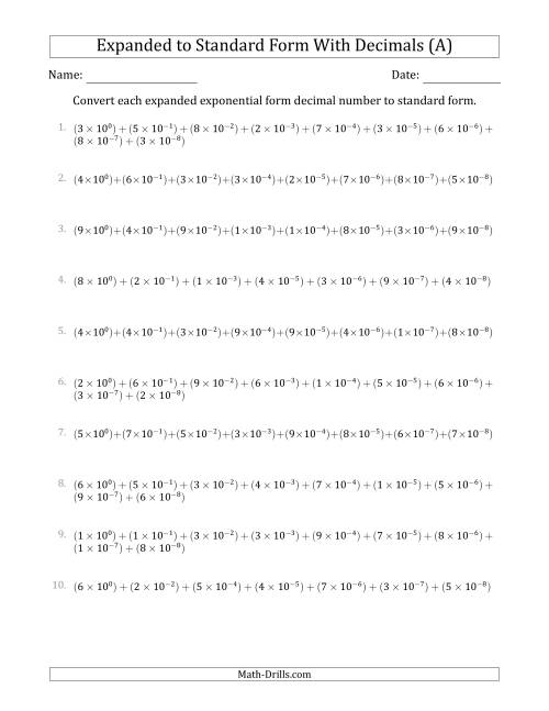The Converting Expanded Exponential Form Decimals to Standard Form (1-Digit Before the Decimal; 8-Digits After the Decimal) (A) Math Worksheet