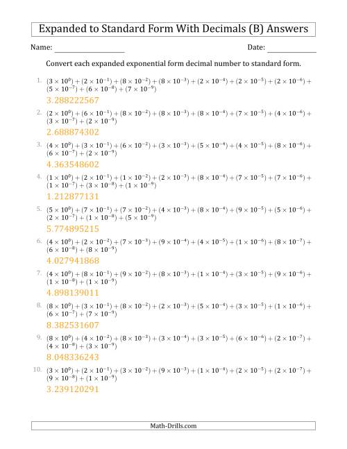 The Converting Expanded Exponential Form Decimals to Standard Form (1-Digit Before the Decimal; 9-Digits After the Decimal) (B) Math Worksheet Page 2