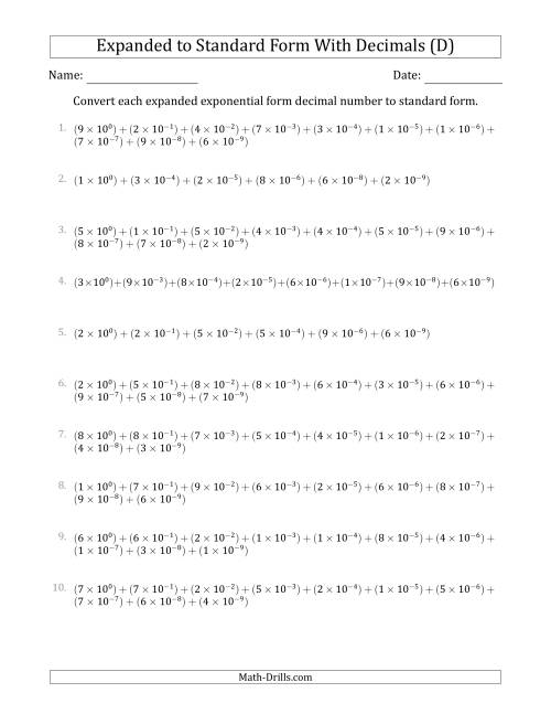 The Converting Expanded Exponential Form Decimals to Standard Form (1-Digit Before the Decimal; 9-Digits After the Decimal) (D) Math Worksheet