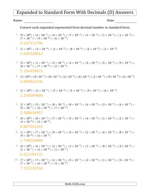 The Converting Expanded Exponential Form Decimals to Standard Form (1-Digit Before the Decimal; 9-Digits After the Decimal) (D) Math Worksheet Page 2