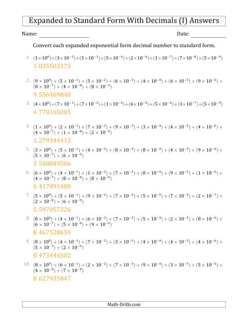 The Converting Expanded Exponential Form Decimals to Standard Form (1-Digit Before the Decimal; 9-Digits After the Decimal) (I) Math Worksheet Page 2