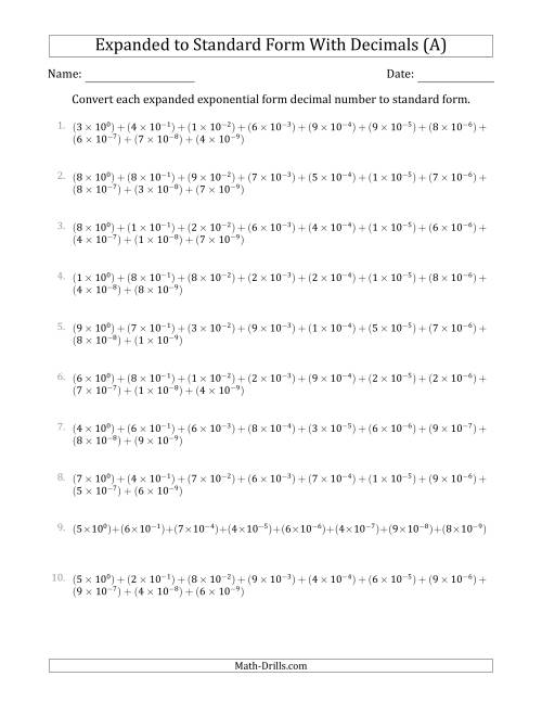 The Converting Expanded Exponential Form Decimals to Standard Form (1-Digit Before the Decimal; 9-Digits After the Decimal) (All) Math Worksheet