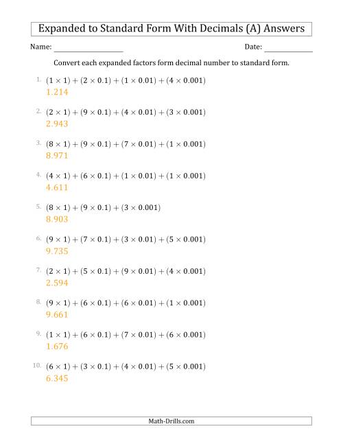 The Converting Expanded Factors Form Decimals Using Decimals to Standard Form (1-Digit Before the Decimal; 3-Digits After the Decimal) (A) Math Worksheet Page 2