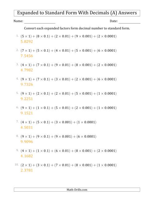 The Converting Expanded Factors Form Decimals Using Decimals to Standard Form (1-Digit Before the Decimal; 4-Digits After the Decimal) (A) Math Worksheet Page 2