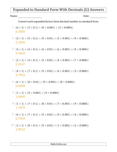 The Converting Expanded Factors Form Decimals Using Decimals to Standard Form (1-Digit Before the Decimal; 4-Digits After the Decimal) (G) Math Worksheet Page 2