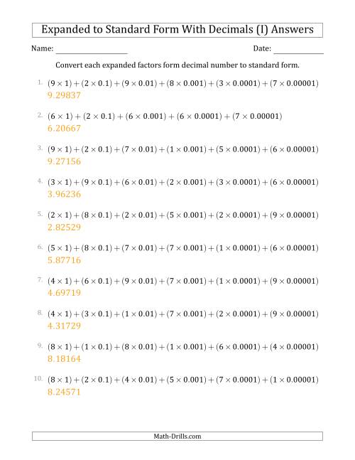 The Converting Expanded Factors Form Decimals Using Decimals to Standard Form (1-Digit Before the Decimal; 5-Digits After the Decimal) (I) Math Worksheet Page 2