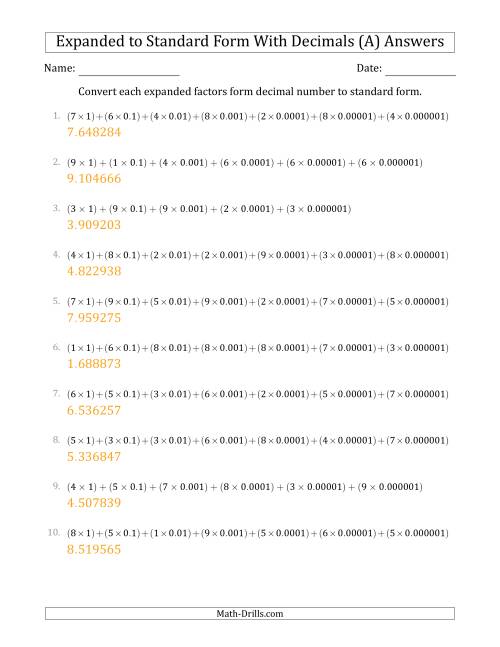 The Converting Expanded Factors Form Decimals Using Decimals to Standard Form (1-Digit Before the Decimal; 6-Digits After the Decimal) (A) Math Worksheet Page 2