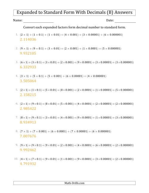 The Converting Expanded Factors Form Decimals Using Decimals to Standard Form (1-Digit Before the Decimal; 6-Digits After the Decimal) (B) Math Worksheet Page 2