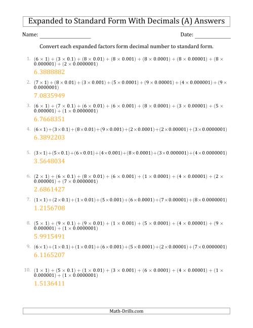 The Converting Expanded Factors Form Decimals Using Decimals to Standard Form (1-Digit Before the Decimal; 7-Digits After the Decimal) (A) Math Worksheet Page 2