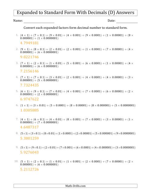 The Converting Expanded Factors Form Decimals Using Decimals to Standard Form (1-Digit Before the Decimal; 7-Digits After the Decimal) (D) Math Worksheet Page 2