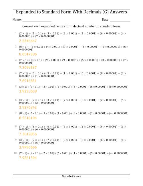 The Converting Expanded Factors Form Decimals Using Decimals to Standard Form (1-Digit Before the Decimal; 7-Digits After the Decimal) (G) Math Worksheet Page 2