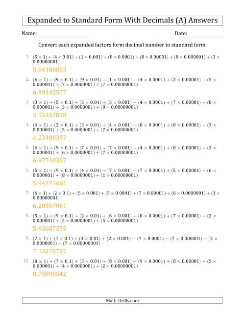 The Converting Expanded Factors Form Decimals Using Decimals to Standard Form (1-Digit Before the Decimal; 8-Digits After the Decimal) (A) Math Worksheet Page 2