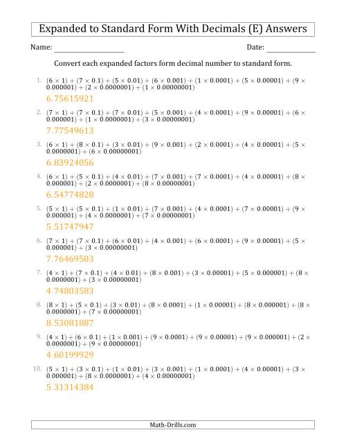 The Converting Expanded Factors Form Decimals Using Decimals to Standard Form (1-Digit Before the Decimal; 8-Digits After the Decimal) (E) Math Worksheet Page 2