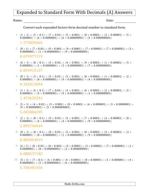 The Converting Expanded Factors Form Decimals Using Decimals to Standard Form (1-Digit Before the Decimal; 9-Digits After the Decimal) (A) Math Worksheet Page 2