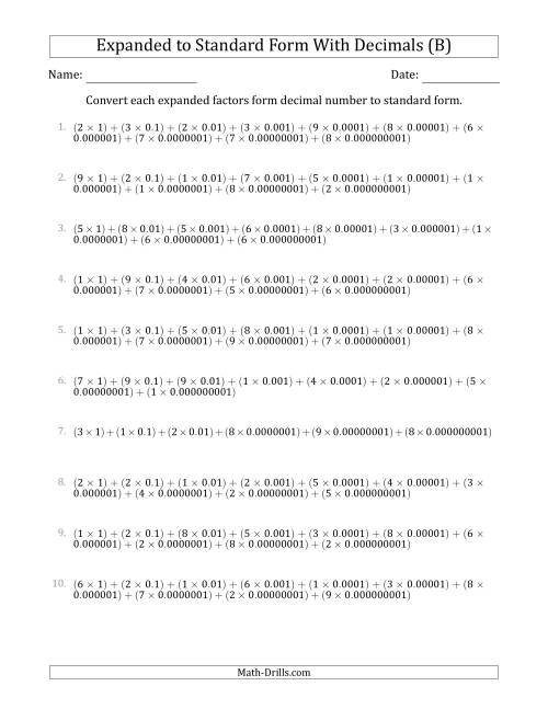 The Converting Expanded Factors Form Decimals Using Decimals to Standard Form (1-Digit Before the Decimal; 9-Digits After the Decimal) (B) Math Worksheet