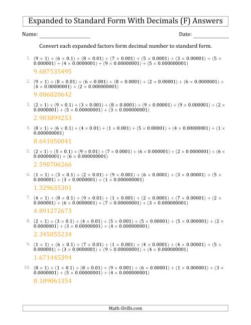 The Converting Expanded Factors Form Decimals Using Decimals to Standard Form (1-Digit Before the Decimal; 9-Digits After the Decimal) (F) Math Worksheet Page 2